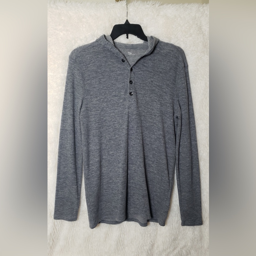GAP Charcoal Textured Waffle Henley Hooded Long Sleeve Shirt Size Large